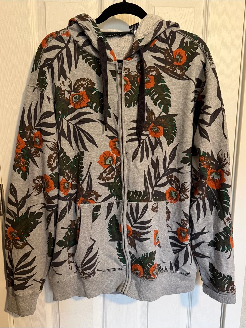 Sean John Tropical Floral Full Zip Hoodie Gray Orange Green Size XL
